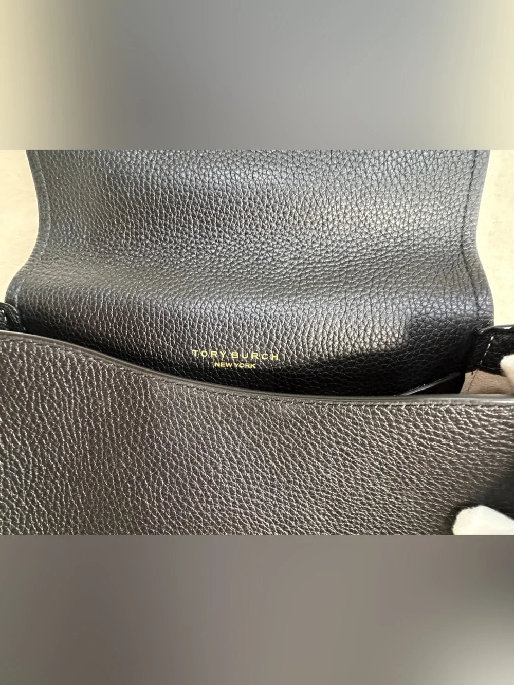 Tory Burch Thea Flap Black Pebbled Leather‎ Crossbody with Tassel and Wide Strap